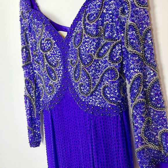 Alyce Originals Vintage 100% Silk Fully Beaded Long Sleeve Dress Purple Size 10 - Picture 4 of 15